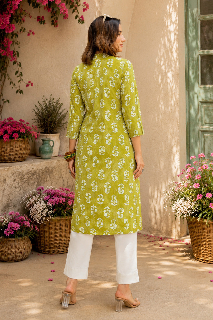 Fancy Kantha Work and Floral Block Print A-line Cotton Kurta