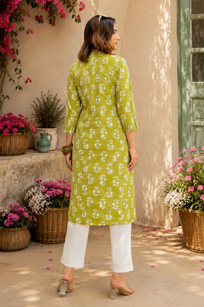 Fancy Kantha Work and Floral Block Print A-line Cotton Kurta