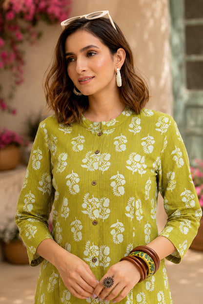 Fancy Kantha Work and Floral Block Print A-line Cotton Kurta