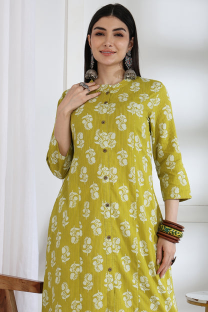 Fancy Kantha Work and Floral Block Print A-line Cotton Kurta