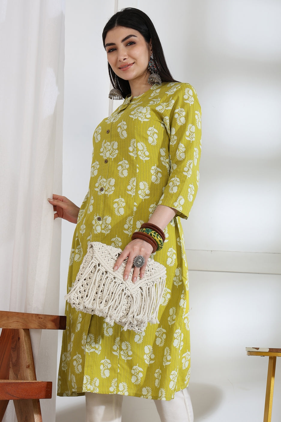 Fancy Kantha Work and Floral Block Print A-line Cotton Kurta