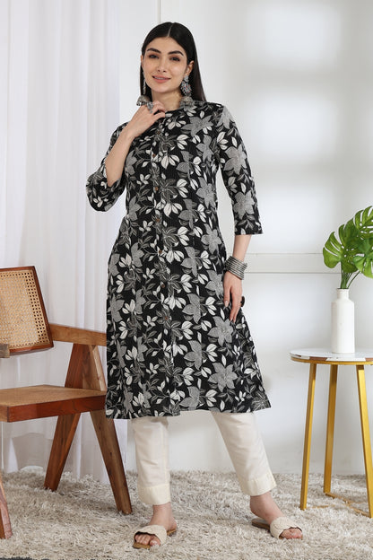 Trendy Kantha Work and Floral Print Cotton Kurta