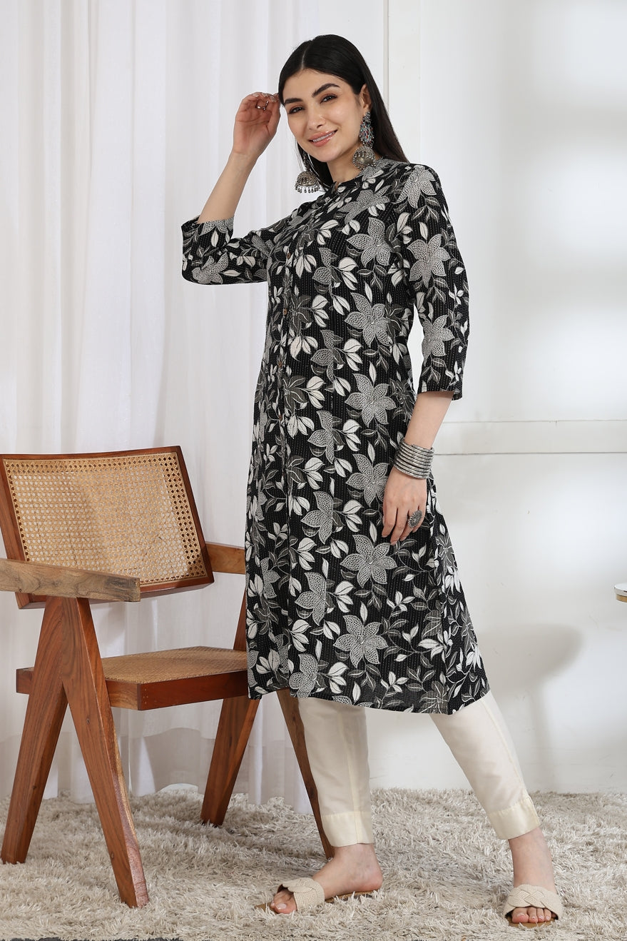 Trendy Kantha Work and Floral Print Cotton Kurta