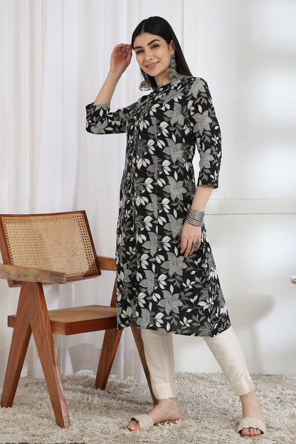 Trendy Kantha Work and Floral Print Cotton Kurta