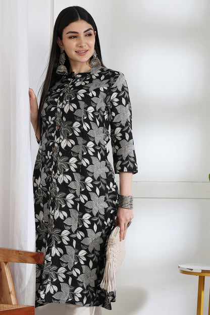 Trendy Kantha Work and Floral Print Cotton Kurta