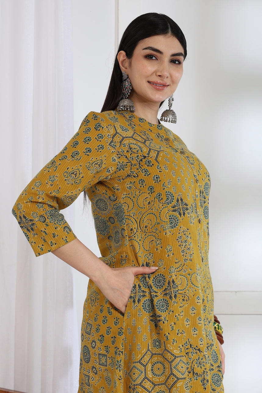 Latest Design Kantha Work and Geometric Print Cotton Kurta