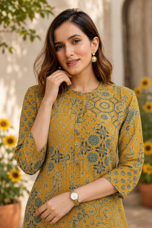 Latest Design Kantha Work and Geometric Print Cotton Kurta
