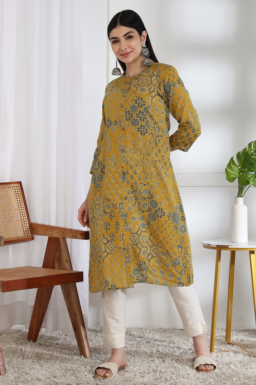 Latest Design Kantha Work and Geometric Print Cotton Kurta