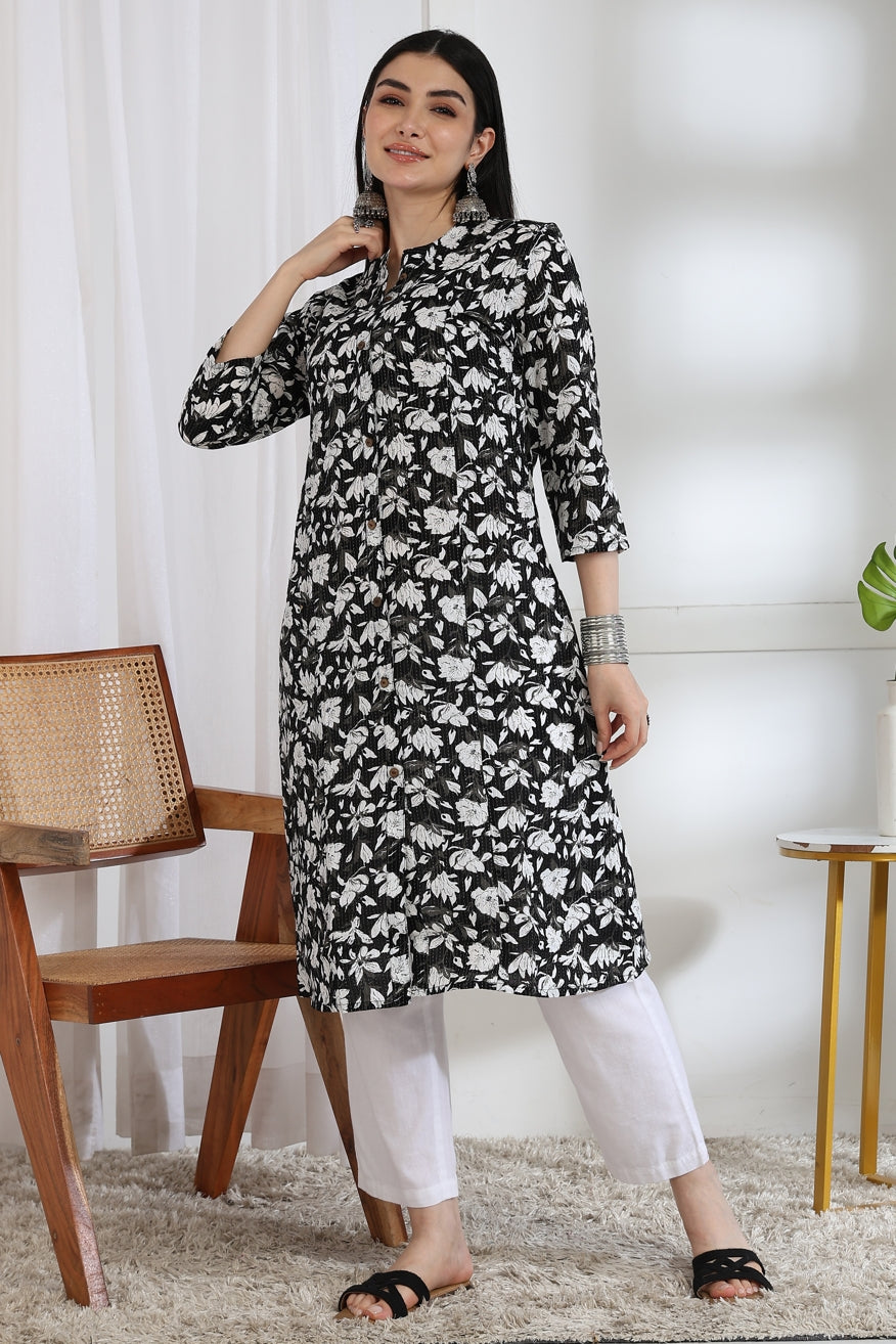 Beautiful Kantha Work and Floral Print Cotton Kurta