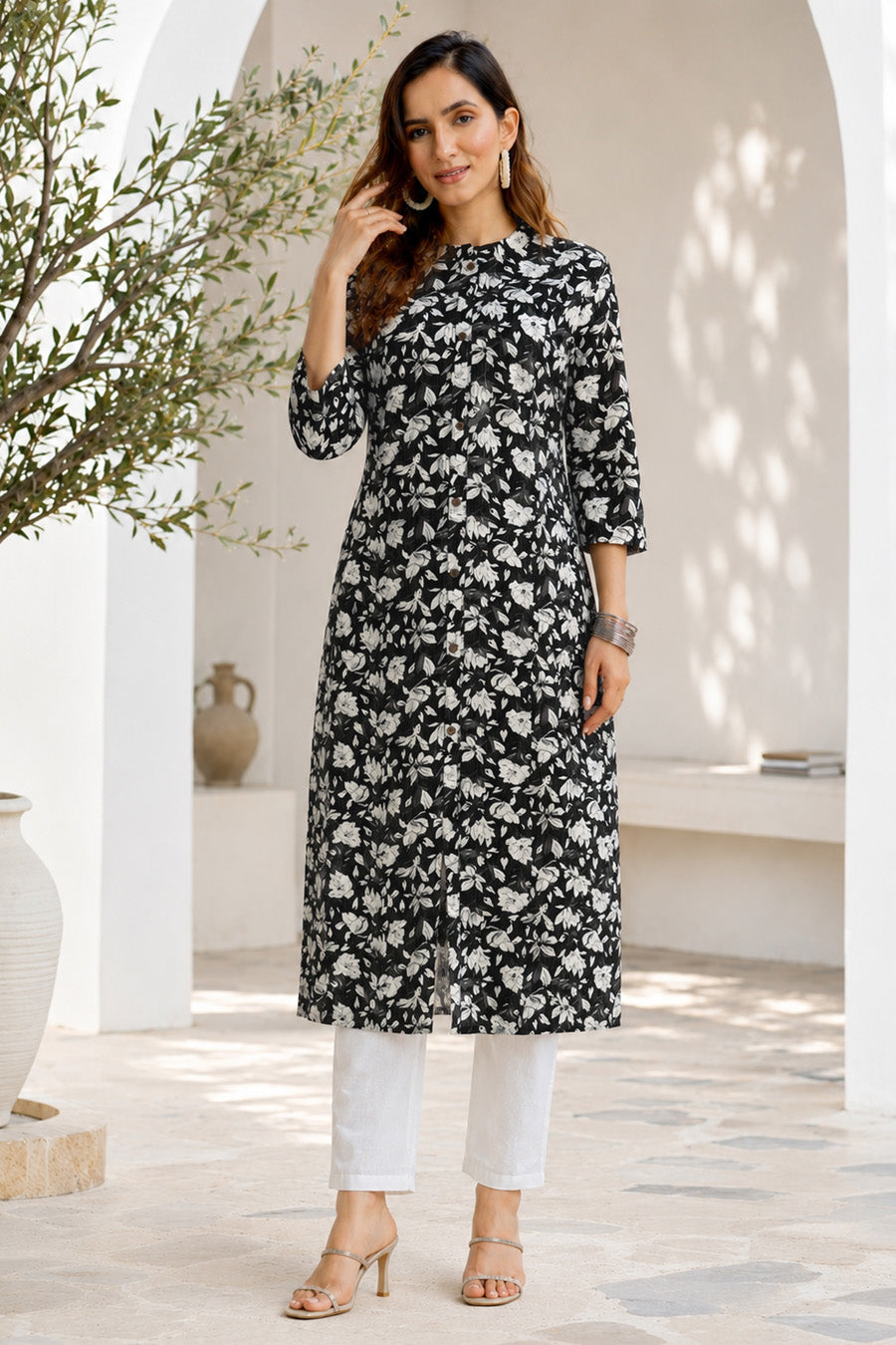 Beautiful Kantha Work and Floral Print Cotton Kurta