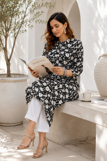 Beautiful Kantha Work and Floral Print Cotton Kurta