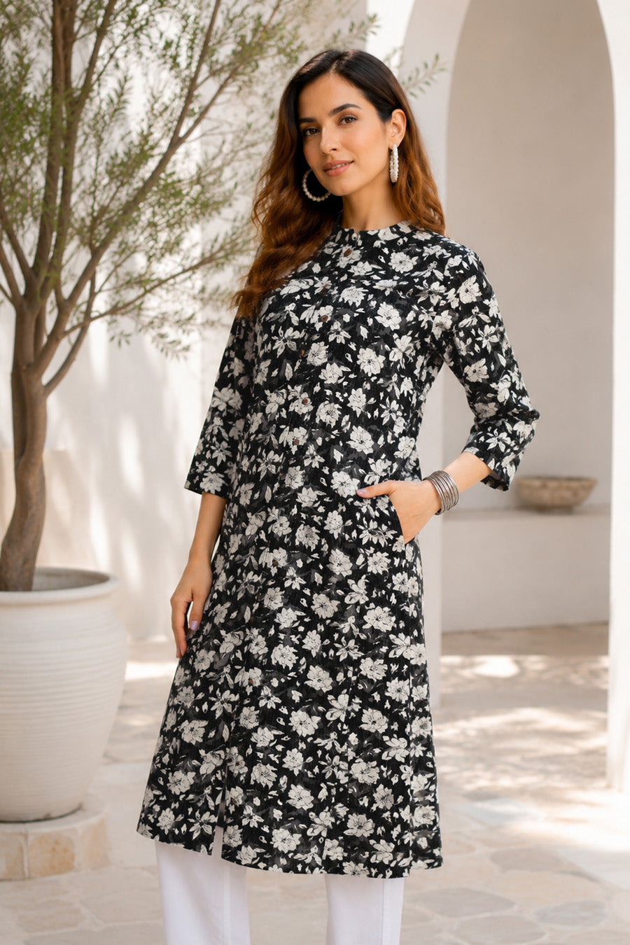 Beautiful Kantha Work and Floral Print Cotton Kurta