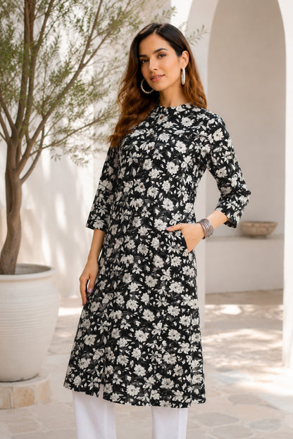 Beautiful Kantha Work and Floral Print Cotton Kurta