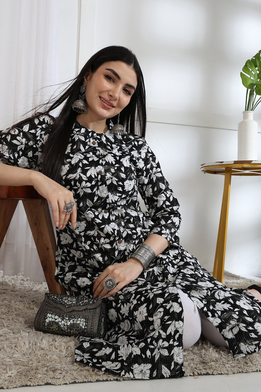 Beautiful Kantha Work and Floral Print Cotton Kurta