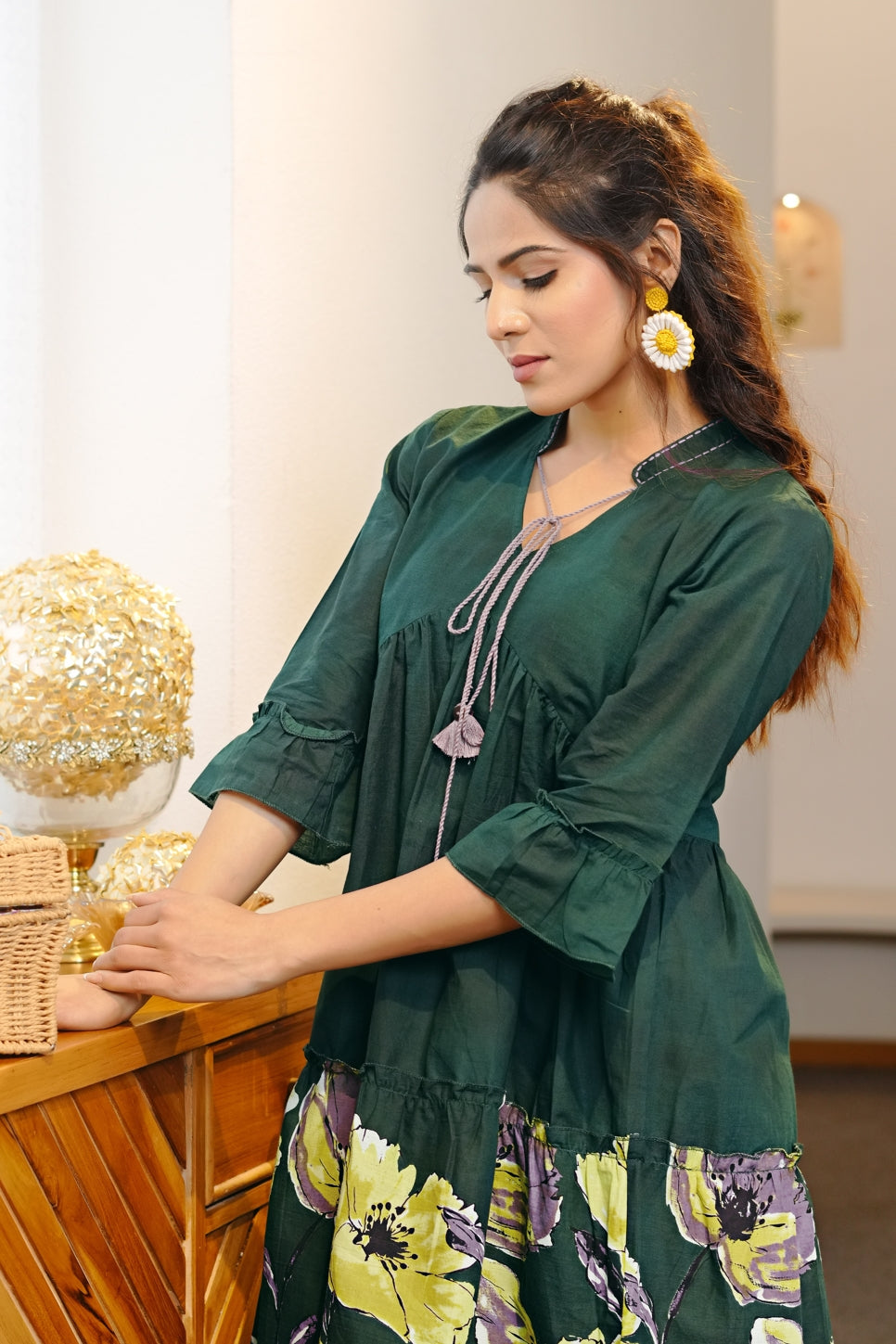 Trendy Floral Print Cotton Dress
