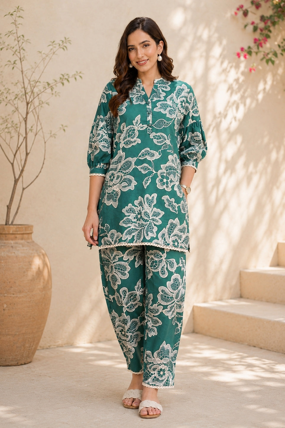 Trendy Floral Print Cotton Blend Co-Ord Set