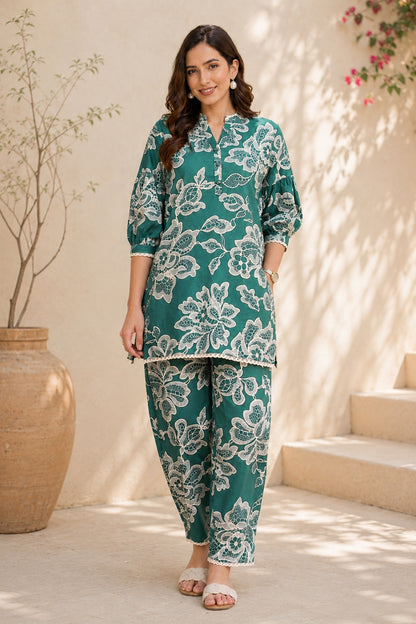 Trendy Floral Print Cotton Blend Co-Ord Set