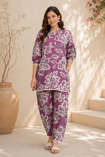 Trendy Floral Print Cotton Blend Co-Ord Set