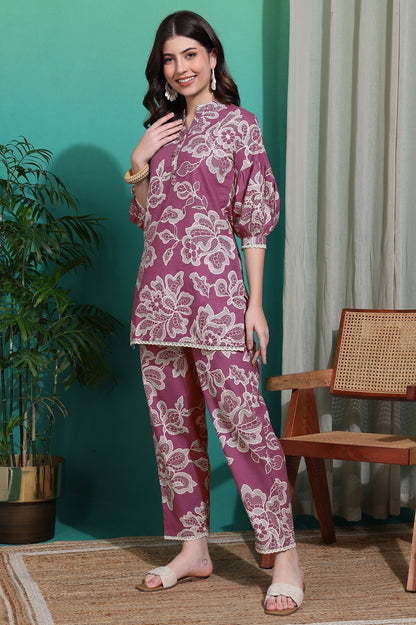 Trendy Floral Print Cotton Blend Co-Ord Set