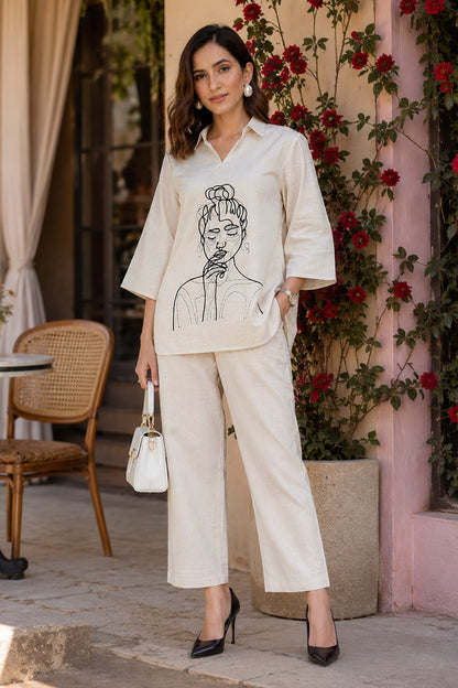 Women's Elegant Pure Cotton Thread Embroidery Co-Ord Set