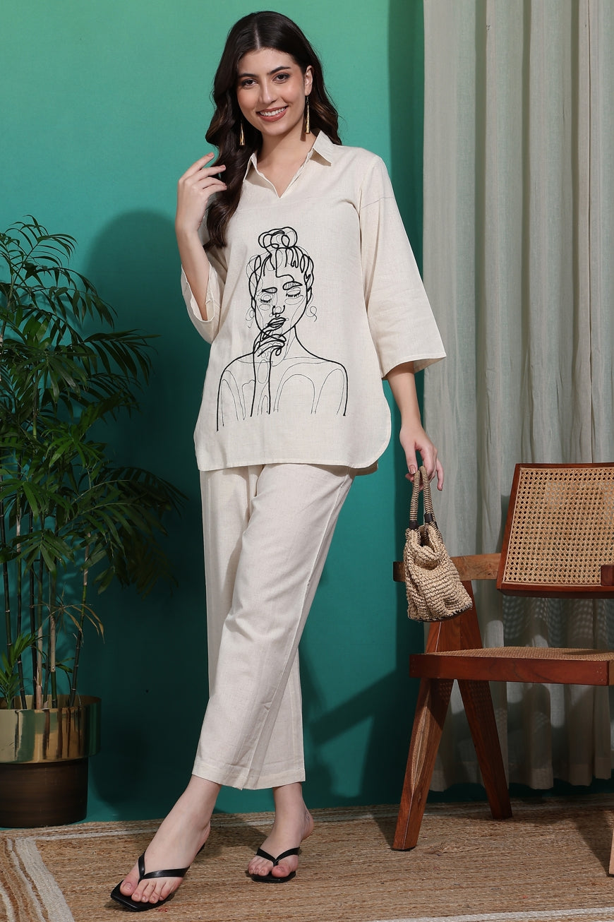 Women's Elegant Pure Cotton Thread Embroidery Co-Ord Set