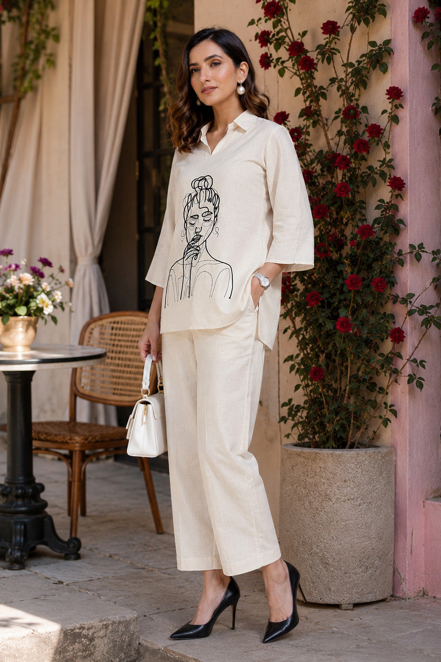 Women's Elegant Pure Cotton Thread Embroidery Co-Ord Set