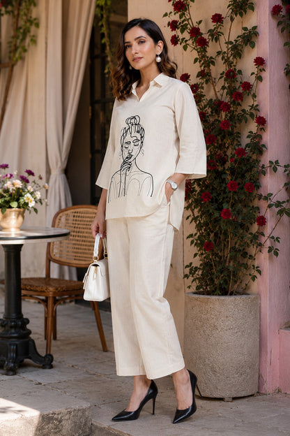 Women's Elegant Pure Cotton Thread Embroidery Co-Ord Set
