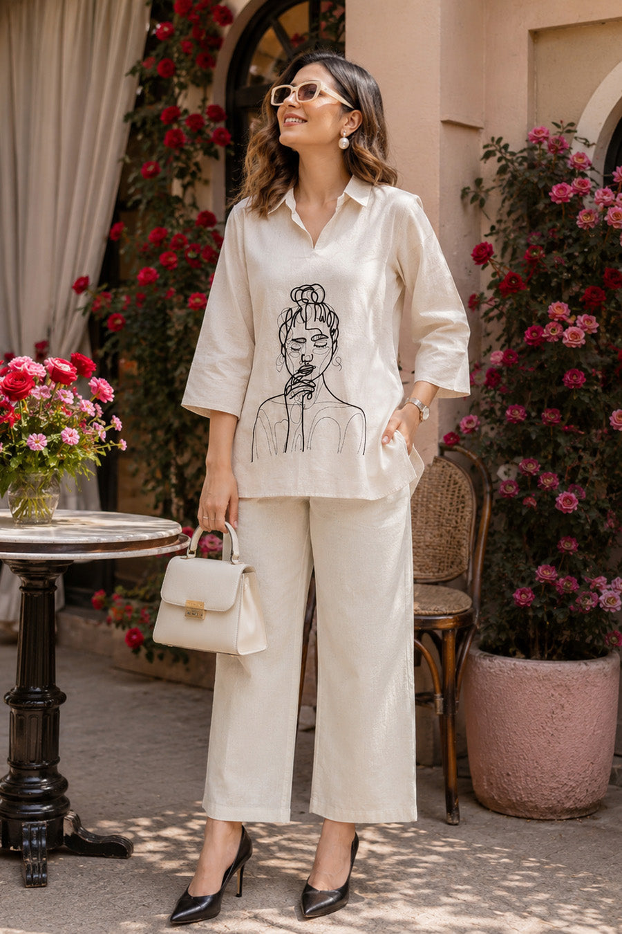 Women's Elegant Pure Cotton Thread Embroidery Co-Ord Set