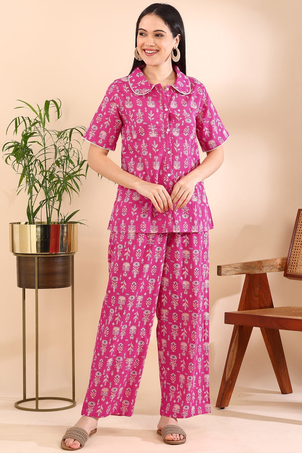 Floral Print With Crochet Lace Night Suit