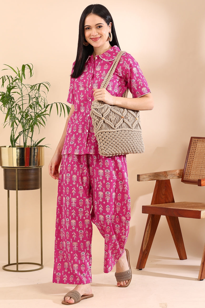 Floral Print With Crochet Lace Night Suit