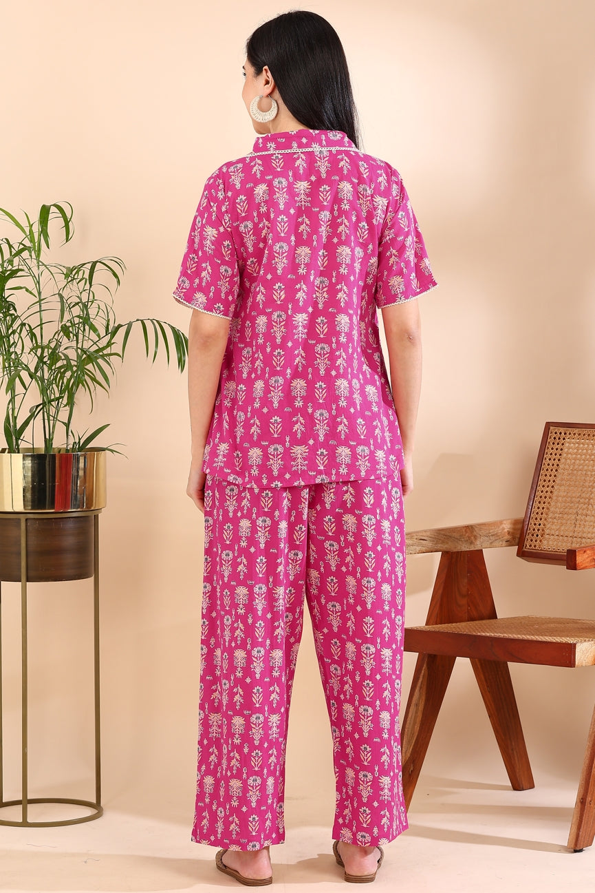 Floral Print With Crochet Lace Night Suit