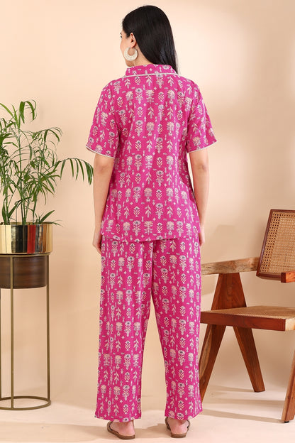 Floral Print With Crochet Lace Night Suit