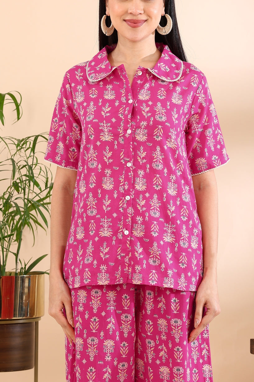Floral Print With Crochet Lace Night Suit