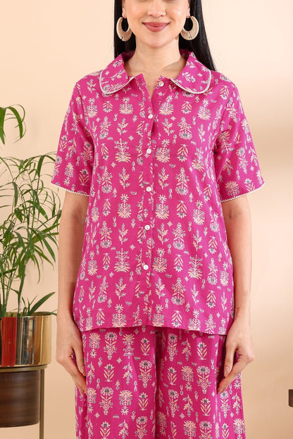 Floral Print With Crochet Lace Night Suit