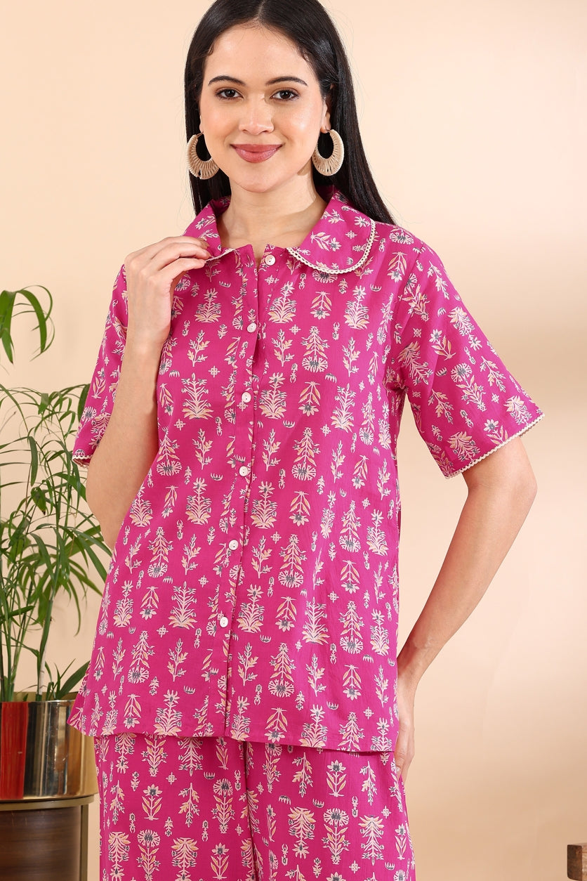 Floral Print With Crochet Lace Night Suit