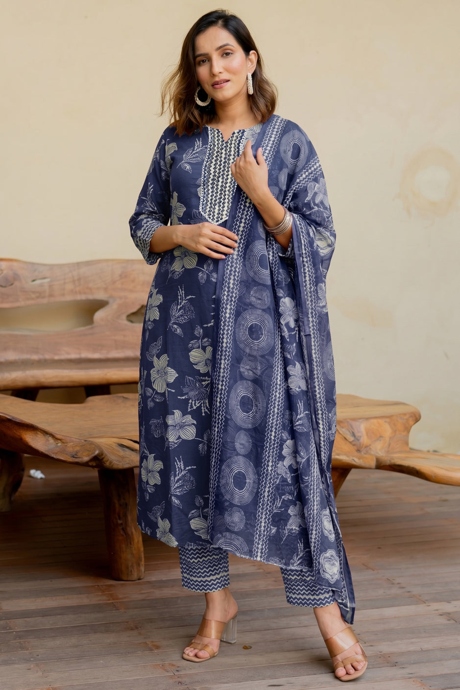 Elegant Floral Printed Pure Cotton Kurta Pant & Dupatta Set for Women