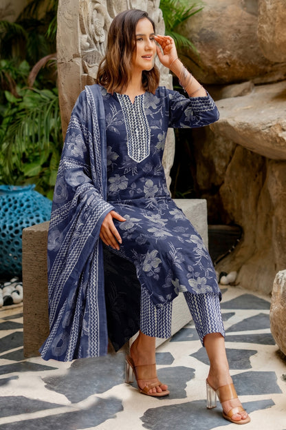 Elegant Floral Printed Pure Cotton Kurta Pant & Dupatta Set for Women