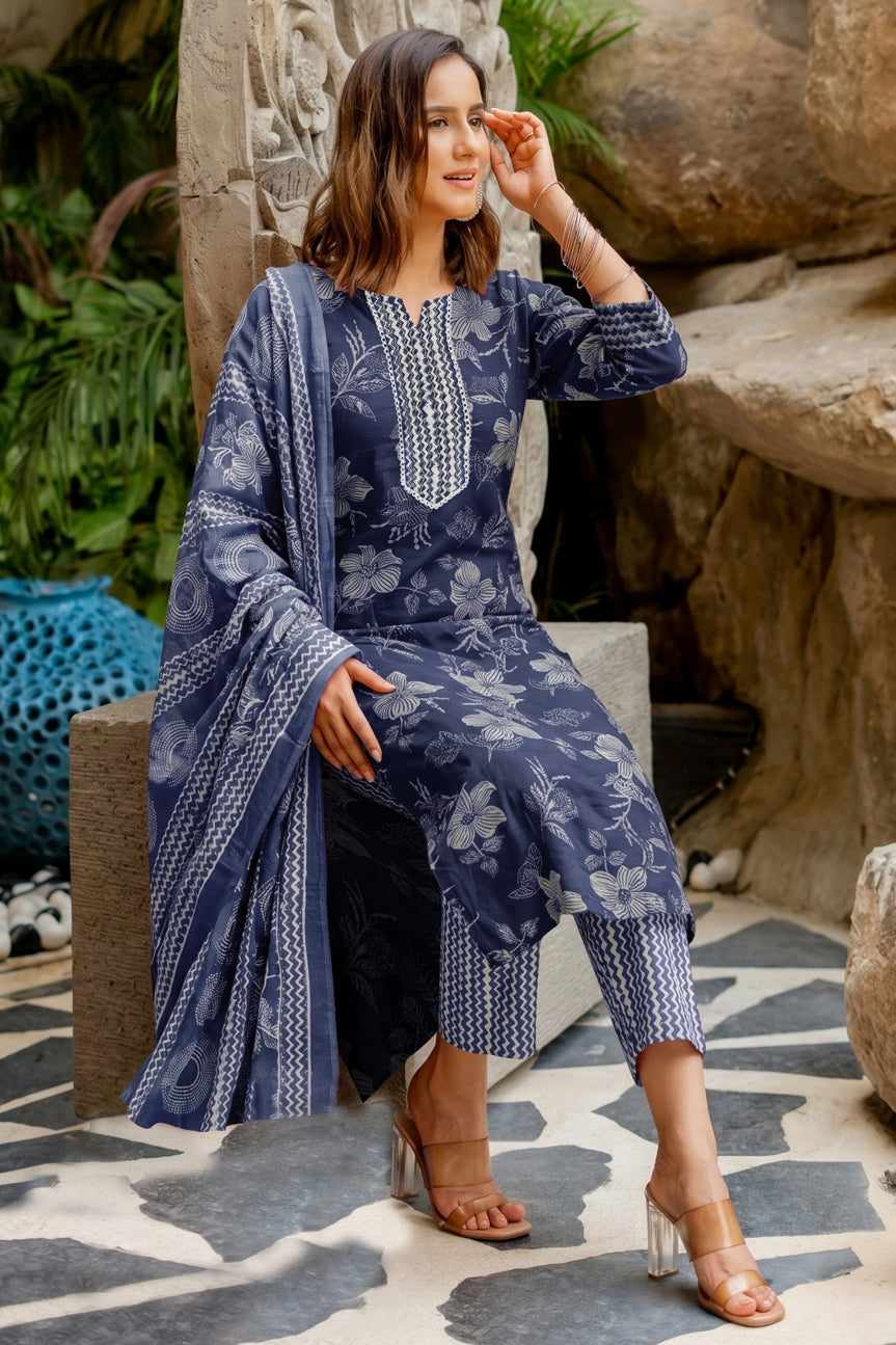 Elegant Floral Printed Pure Cotton Kurta Pant & Dupatta Set for Women