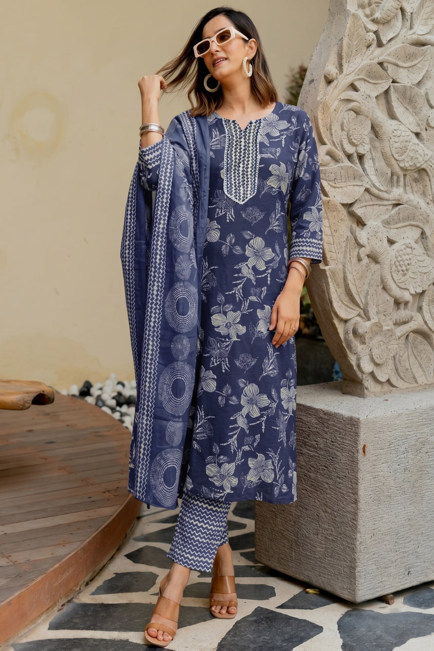 Elegant Floral Printed Pure Cotton Kurta Pant & Dupatta Set for Women
