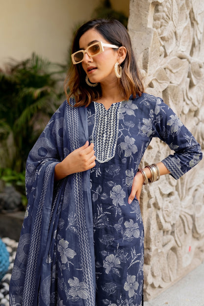 Elegant Floral Printed Pure Cotton Kurta Pant & Dupatta Set for Women