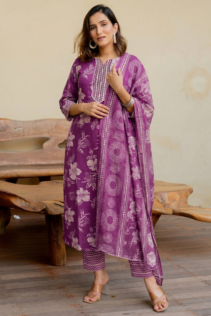 Elegant Floral Printed Pure Cotton Kurta Pant & Dupatta Set for Women