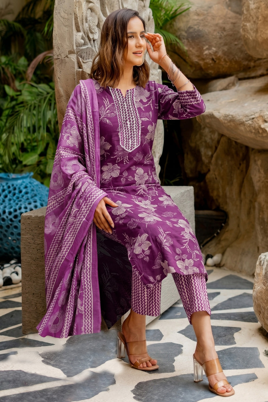 Elegant Floral Printed Pure Cotton Kurta Pant & Dupatta Set for Women
