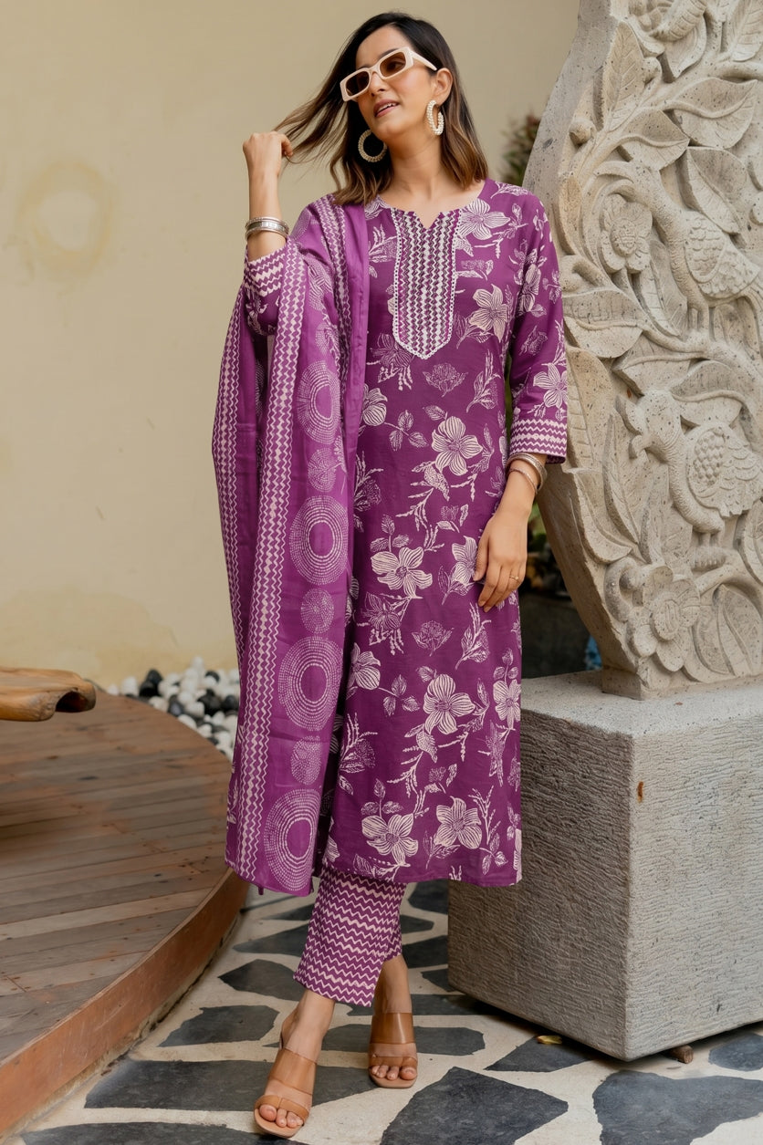 Elegant Floral Printed Pure Cotton Kurta Pant & Dupatta Set for Women