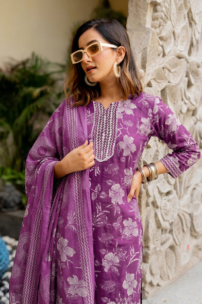 Elegant Floral Printed Pure Cotton Kurta Pant & Dupatta Set for Women