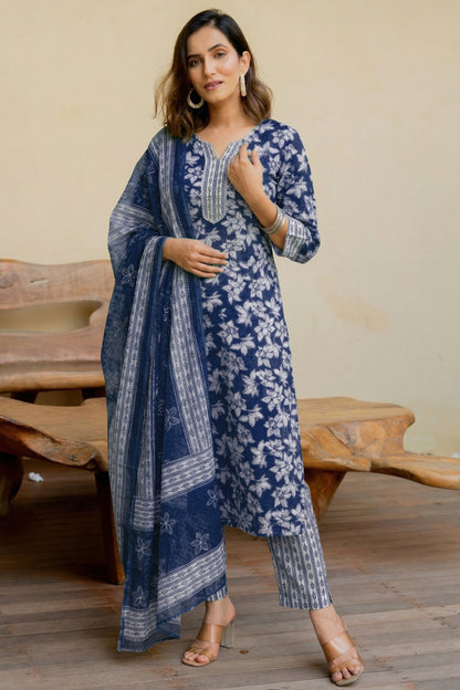 Elegant Floral Printed Pure Cotton Kurta Pant & Dupatta Set for Women