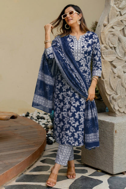 Elegant Floral Printed Pure Cotton Kurta Pant & Dupatta Set for Women