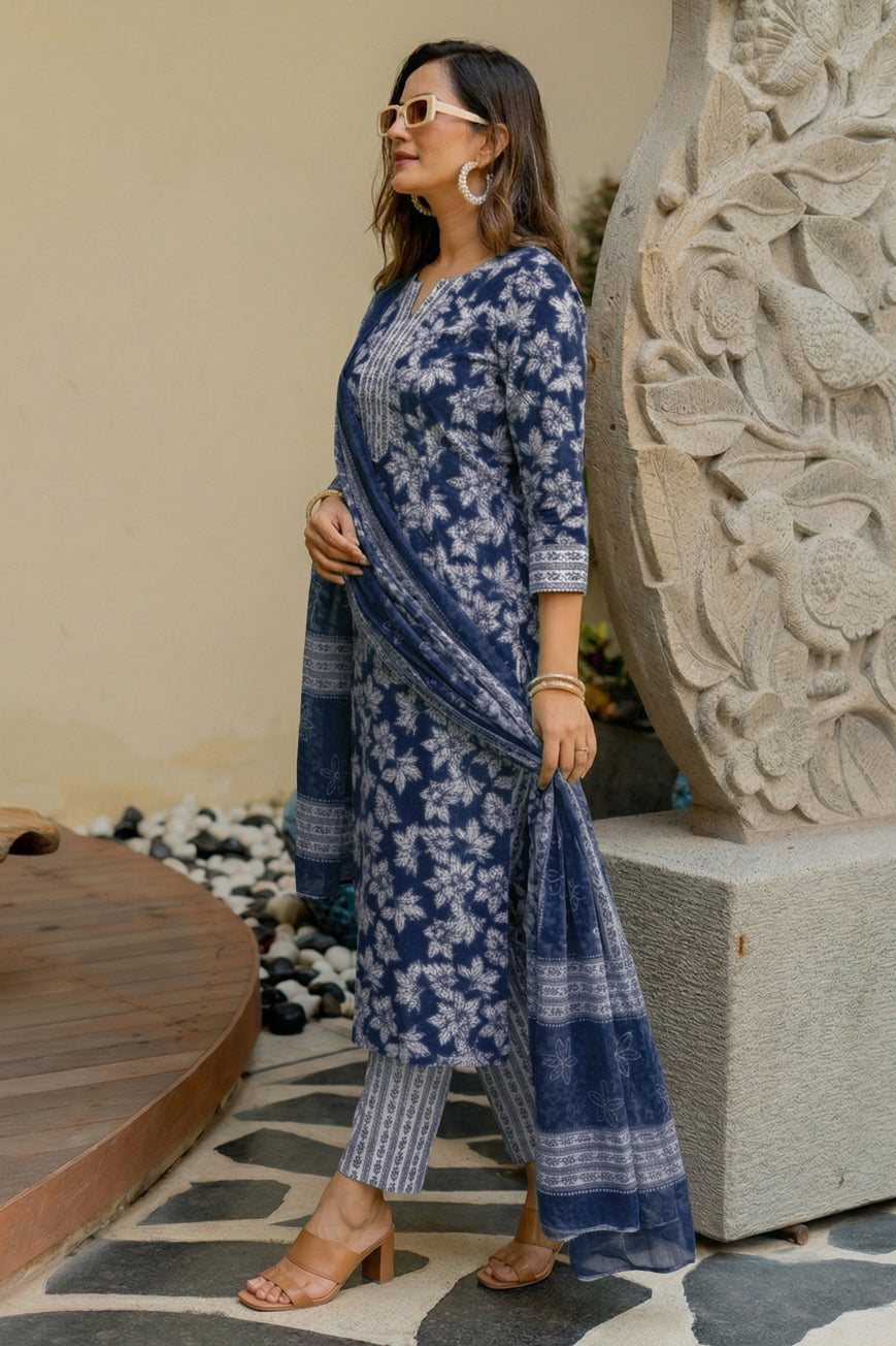 Elegant Floral Printed Pure Cotton Kurta Pant & Dupatta Set for Women