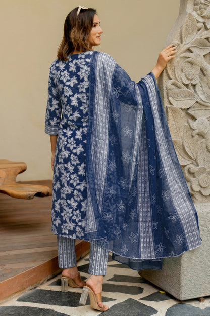 Elegant Floral Printed Pure Cotton Kurta Pant & Dupatta Set for Women