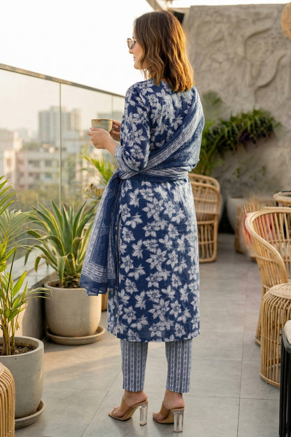 Elegant Floral Printed Pure Cotton Kurta Pant & Dupatta Set for Women