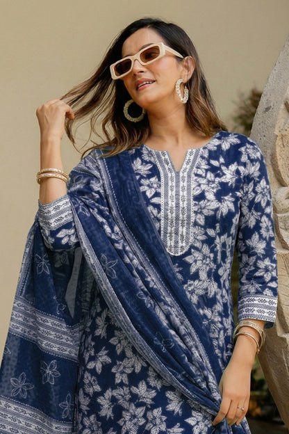 Elegant Floral Printed Pure Cotton Kurta Pant & Dupatta Set for Women